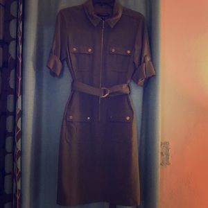 Shirtgirl dress, olive green with golden accents.
